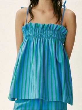 Zara blue & green striped tie smock flowy top in a M